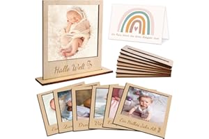 YANSYUN 15 Stück Holzrahmen Baby Geburtstagsdeko 1 Jahr mit Tischkarten, Meilenstein Fotorahmen Baby 1-12 Monate Erster Geburtstag Junge Mädchen Fotogirlande Alternative