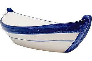 Sicilia Bedda - BARCA IN CERAMICA SICILIANA - Prodotto Artigianale dipinto a Mano - Lunghezza 19 Cm (Bordo Blu)