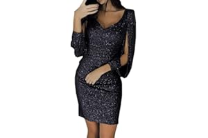 riou Vestido Sexy Lentejuelas para Mujer Mini Vestido de Manga Larg Vestido De Fiesta De Noche Brillante De Costura Cuello V Vestido de Cóctel Falda de Vestir Club