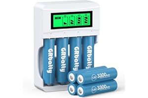 GRbatty 8 AA NiMH Rechargeable Batteries 3300 mAh -1.2 V High Capacity 1200 Cycles Pre-Charged Double A Battery with LCD Display Rechargeable Charger for AA and AAA Batteries