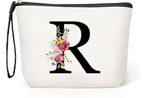 HAMATATA Grande Neceser Maquillaje Mujer Personalizado Inicial, Bolsa de Cosméticos de Lona de Letras, Neceser de Maquillaje de Viaje, Regalo Cumpleaños Navidad para Mujeres Novias Mejores Amigas（R）
