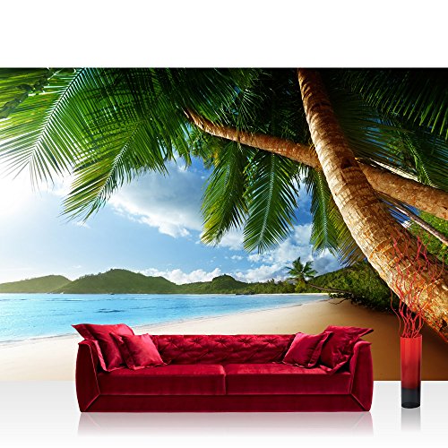 Vlies Fototapete 400x280 cm PREMIUM PLUS Wand Foto Tapete Wand Bild Vliestapete - LONELY BEACH - Strand Meer Palmen Beach 3D Ozean Palme - no. 004