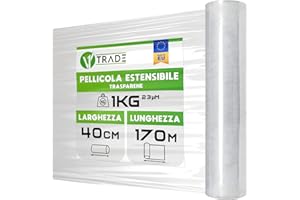 V1 Trade Pellicola elastica trasparente – Rotolo di pellicola estensibile 170 m x 40 cm – pellicola per imballaggio 23 my – pellicola per mobili