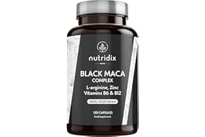 Maca Noire 1.200 mg par dose - Extrait Équivalent à 24.000 mg de Concentré de Plante de Maca 20:1 - Formule 100% Végétarienne avec L-Arginine, Vitamine B6, B12 et Zinc - 120 Gélules Nutridix