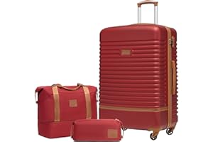 COOLIFE Suitcase Trolley Carry On Hand Cabin Luggage Hard Shell Travel Bag Lightweight with TSA Lock,The Suitcase Included 1pcs Travel Bag and 1pcs Toiletry Bag (Red/Brown, 28 Inch Luggage Set)