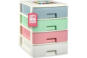 COM-FORT HOUSE Cajonera Plástico 4 Cajones Multicolor Blanco - Organizador de Escritorio, Mini Cajonera para Papeles y Material de Oficina, Organizador de Documentos 355 x 265 x 350 mm
