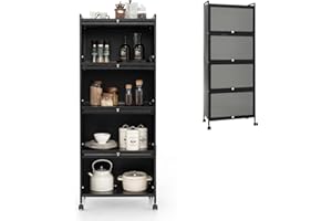 KOMFOTTEU Mobile Dispensa Cucina a 5 Livelli, Mensola Microonde con Anta a Vista, Ruote, Dispositivo Antiribaltamento, Scaffale da Cucina in Ferro per Soggiorno, Sala da Pranzo, 60x32x154cm (Nero)