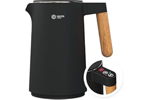 BALTER Edelstahl Wasserkocher mit Temperatureinstellung, 45°C-100°C, Doppelwand, BPA frei, leise & kabellos, Warmhaltefunktion, Teekocher mit Temperaturanzeige, 1.5L, 2200W, Schwarz
