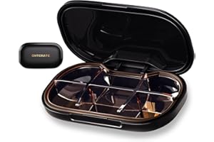 ‎ONTERATE ONTERATE Małe Pudełko na Tabletki, 6 Komorowe Etui na Tabletki do Torebki, Wyjmowany Organizer Podróżny, Wodoodporny Mini Pojemnik na Tabletki, Organizer na Leki i Witaminy (Czarny)