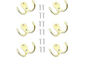 Yesmin 6 Pcs Double Prong Robe Hooks, Dual Coat Hooks Wall Mounted Hanging Clothes for Bathroom Bedroom Door Wall Retro Metal Cloth Hanger Double Coat Hooks with 8 Screws-Gold