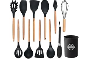 YUNYDSM Küchenhelfer-Set 12-teilig von Silikonmaterial,hitzebeständig und antihaftbeschichtet Holz-Handhaben mit Ergonomisch,Kochlöffel Set zum Kochen und Backen gilt für Spülmaschinengeeignet Schwarz