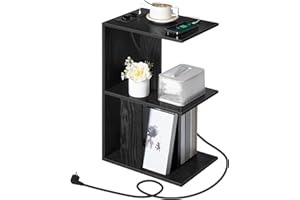 MAHANCRIS Mesa Auxiliar Estrecha con Estación de Carga, Mesa Auxiliar con Puertos USB y Enchufes, Mesita Auxiliar para Espacios Pequeños, para Dormitorio, Salón, Negro AETHB18UE01