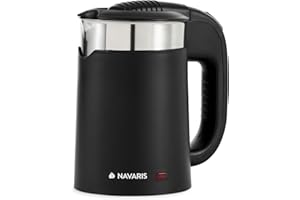 Navaris Bollitore Elettrico Piccolo da Viaggio - Mini Bollitore Acqua 500 ml in Acciaio Inox - Compatto per Ufficio e in Vacanza - 16 x 11 x 17 cm - 1100 Watt con 2 Tazze - Nero