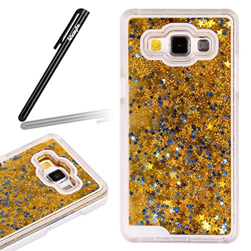 Samsung Galaxy J5 Case,Ukayfe Samsung Galaxy J5 Glitter Case,3D Liquid Flowing Floating Sparkle Bling Glitter Star Love Hearts Design Transparent Plastic Hard Shell Case Cover for Samsung Galaxy J5 with 1 x Black Stylus - Gold Glitter