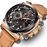 WISHDOIT Herren Uhr Brauner Ledergürtel Top-Marke Mode Uhren Herren Quarz Multifunktionsuhr Armbanduhr Mann Wasserdicht Geschäft Casual Stoppuhr Edelstahl Wählen