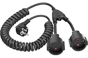 HITRENDS Rallonge Spiralée, 1 à 2 Prises de Terre Câble Spiralé Extensible de 0,9M à 3M Max, IP20 Rallonge avec 2 Prises, Double Prise Schuko 3 x 1,0 mm² (230V/16 A), Noir