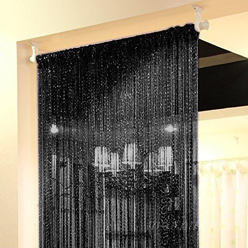 Topixdeals Black Curtains,Door Fringe Curtain,Door Curtains,Rare Flat Silver Ribbon,Thread Fringe Window Panel Room Divider Cute Strip Tassel Party Events(2 Pack, Black)