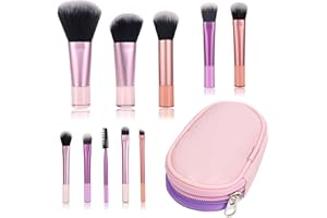 GADITIEK Mini Set de Pinceles de Maquillaje, 10 Piezas Portátil de Viaje Con Bolsa de PU, Conjunto Cosmético Brochas (Rosa Púrpura)