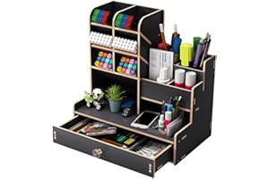 Vikmyer Portamatite in Legno, Organizer da Scrivania Portapenne Multifunzionale da Scrivania per Cancelleria per Ufficio a Casa Scaffale per Rifornimenti Scolastici con Cassetto