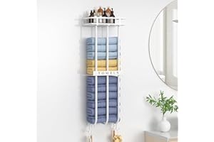 AIRUJIA Porte Serviette Salle De Bain, Porte-Serviettes Mural, Porte-Serviettes avec Étagère Et 4 Accroche Serviette Salle De Bain, Pratique Support Serviette Salle De Bain, Porte Serviette Blanc