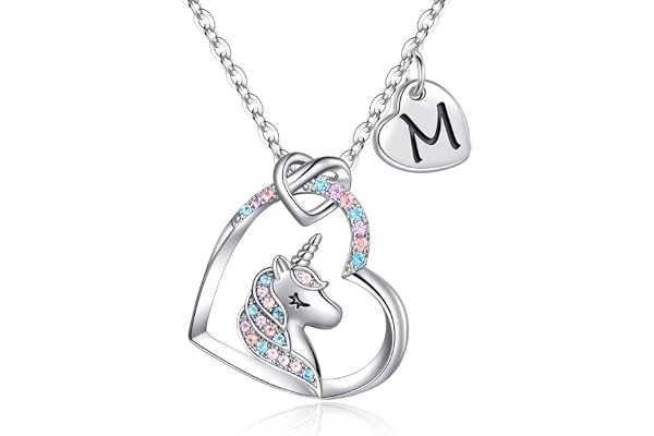 TINGN Cadeaux de Collier de Licorne pour les Fille, Plaqué Or Blanc 14 Carats Initiale Pendentif de Cœur CZ Collier de Lettre de Licorne Cadeaux en Licorne Cadeaux pour les Filles Femmes Bijoux