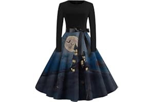EZJOBLA Halloween Costumes for Women, Halloween Long Sleeve Round Neck Elegant Dress Halloween Party Dress Ladiess Bowknot A Line Dress Womens Halloween Outfits Prom Swing Printing Holiday Clothing