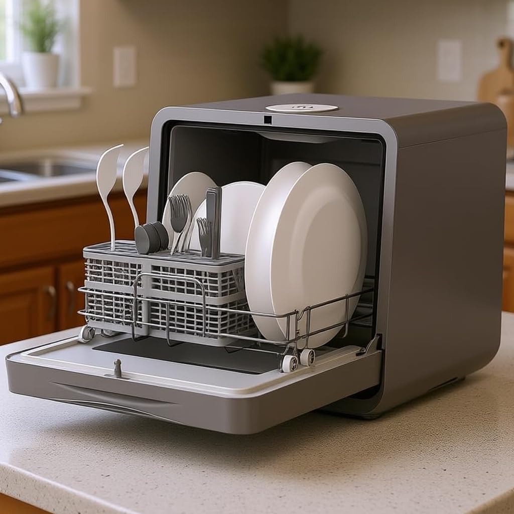 MoraRise Table Top Dishwasher, Mini Countertop Dishwasher with 7 Programs, Built-in 5L Water Tank, Dual Water Supply, 24H Delay, No Plumbing, Baby Care, Drying Cycle, Fruit Wash (Grey)