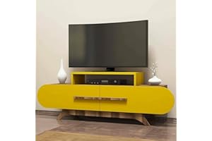 Dmora - Mobile Porta TV Praesepe, Credenza da Soggiorno, Armadio Basso per TV, Base Parete attrezzata, 145x37 h50 cm, Noce e Giallo