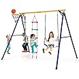 GYMAX 4 in 1 Kids Swing Set, Metal A-Frame with Belt Swing, Climbing Ladder, Disc with Rope, Basketball Hoop & Ground Stakes, Outdoor Children Playground Set for 3-9 Years Old, Max Weight 300kg