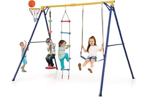GYMAX 4 in 1 Kids Swing Set, Metal A-Frame with Belt Swing, Climbing Ladder, Disc with Rope, Basketball Hoop & Ground Stakes, Outdoor Children Playground Set for 3-9 Years Old, Max Weight 300kg