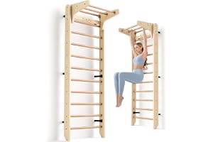 RokePro Multifunktionell svensk stege, väggmontering, gymnastikstång i trä, inomhus-hemmagym för barn och vuxna