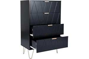 UEV Commode 4 Tiroirs, Meuble de Rangement Bois, Style Simple et Élégant, Manche et Pieds Couleurs Dorées, 60 x 34 x 91 cm, Buffet pour Chambre, Salon, Bureau, Noir