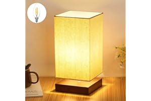 Depuley Lampka nocna z tkaniny, lampa stołowa, nowoczesny i skandynawski design, lekka podstawa z naturalnego drewna, podstawa E27 i gniazdo do salonu biura (żarówka LED w zestawie)