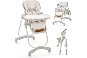 COSTWAY wysokie krzesło dziecięce składane, krzesło z funkcją leżenia, na kółkach i podwójnym blacie, torba do przechowywania, wysokie krzesło dziecięce z regulowaną wysokością, oparciem i podnóżkiem