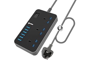 iBlockCube UK Power Strips 3 Way Outlets 6 (3.1A) USB Ports w/Surge Protection Socket Switch Portable Charger 5M/16.4FT Cord UK Plug Wall Adapter Cord w/Fuse & Shutter Extension Lead (Black-Grey)