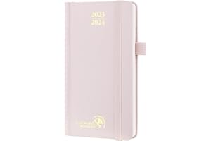 POPRUN Agenda de Poche 16,5 x 9 cm - Petit Planner Semainier Scolaire 17 Mois D'août 2023 à déc 2024 Couverture Rigide avec Intervalle Horaire, Papier Certifié FSC®80 g/m² - Rose Clair