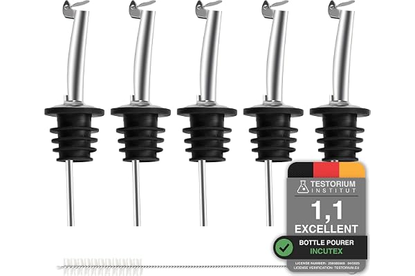 (5 x flaskhällare) – Incutex förpackning med 5 flaskhällare med lock, avsmalnande pip, oljedropphällare, spritmått, dryckhällare