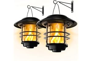 FLOWood Lampy solarne do ogrodu, szkła i metalu, wodoszczelność IP65, migoczące płomienie, 2 sztuki, wiszący uchwyt ścienny na werandę, taras i podwórko
