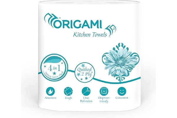 Origami Kitchen Roll pack of 4, 60 Pulls each 2 ply (Total 4 Rolls, 240 Sheets)