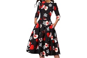 VEMOW Vestido de Navidad de Manga Larga Otoño Invierno para Mujer con Patrones Navideños Copo de Nieve Vintage Rockabilly Retro Informal Vestido de Noche Cóctel Fiesta Cintura Alta