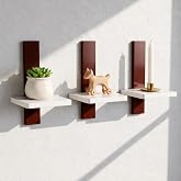 Dence Store Set of 3 Wall Mounted Floating Shelves | White Wooden Display Shelf with Brown Vertical Back Panel | Modern Minim