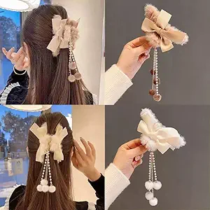 ASG 1PCS Korean Faux Fur Large Hair Claw Clip Elegant Stain Bow Hair Holder Vintage Long Pearl Tassel Women Hair Claw Clip