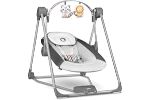 LIONELO Otto Baby Balançoire pour bébé avec Jouets interactifs, 5 Vitesses, Sons naturels de la Naissance à 9 kg, Pliable (Gris Clair)