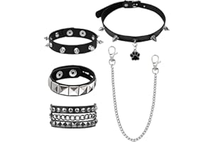 XdealCozyxc 5 Pcs Emo Accessories, Black Punk Rock Studded Bracelet Jean Trouser Chain Studded Collar for Men Women Halloween Party Favors