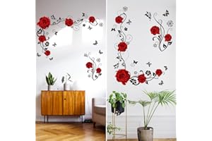SLTAXAR 2pcs Wandsticker Wohnzimmer Blumen Wandaufkleber Blumen Rosa wandtattoo Rote Blumen Wanddeko Selbstklebend Blumen 90 * 30cm Wandtattoo Wandaufkleber Rot Rosen für Schlafzimmer Hintergrund