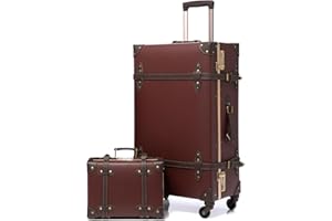urecity Retro Luggage Set – 2-Piece Handmade Trolley Suitcase Set for Women, Vintage Leather 4-Wheel Travel Luggage, Fashionable and Durable (Caramel Brown, S(12")+M(20"))