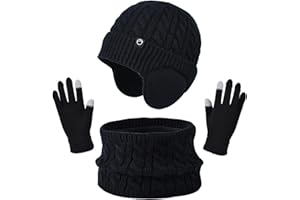 DAVBNM Kids Winter Beanie Hat Scarf Gloves Set, Warm Thermal Knitted Beanie Cap Snood Neck Warmer Touchscreen Mitten, Winter Accessories Set with Soft Fleece Lining, for Kids Age 4-11