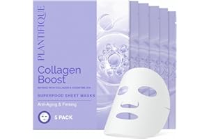 PLANTIFIQUE Masques en Tissu Visage Collagène Boost 5 Pièces – Masques Anti-Âge et Raffermissants avec Collagène, Coenzyme Q10 & Myrtilles – Soins de la Peau Coréens pour un Visage Lisse et Revitalisé