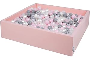 KiddyMoon Soft Ball Pit Square 120X30cm/200 Balls ∅ 7Cm / 2.75In For Kids, Foam Ball Pool Baby Playballs Children, Made In EU, Pink:Pearl-Grey-Transparent-Powder Pink