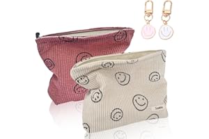 PUEDNO Kosmetiktasche Cord, 2 Stück Lächeln Cosmetic Tasche, Make Up Schminktasche Damen, Groß Kapazität Kosmetiktasche mit 2 Stück Smiley Schlüsselanhänger (Weiß+Rosa)